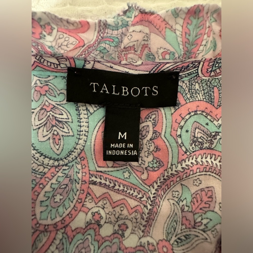 Talbots Popover Paisley Ruffle Pleated Blouse Size M Cotton Pink Blue Multi - Picture 7 of 10